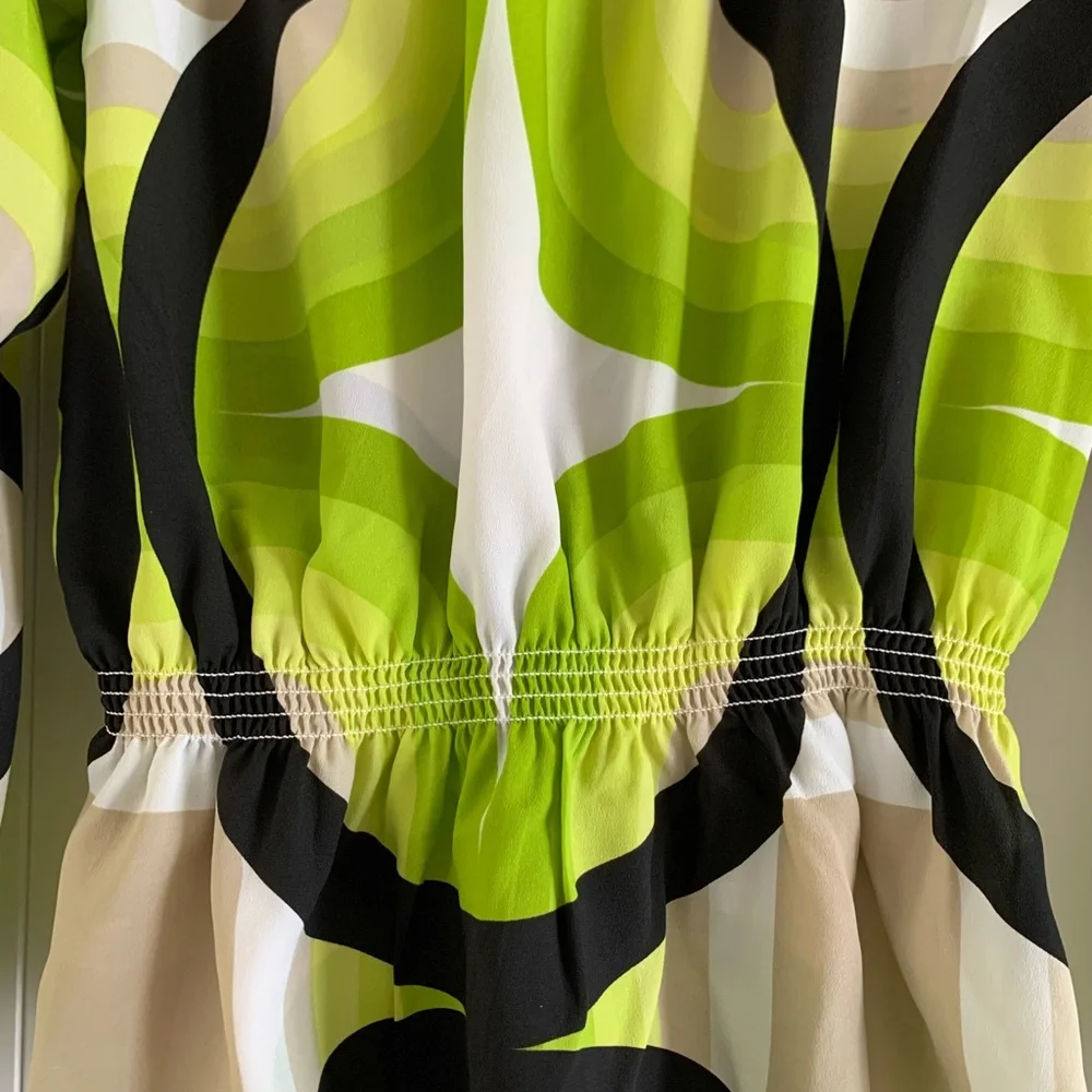 Michael Kors Womens Medium Green Abstract Peasant Top Smocked Waist Resort Boho
